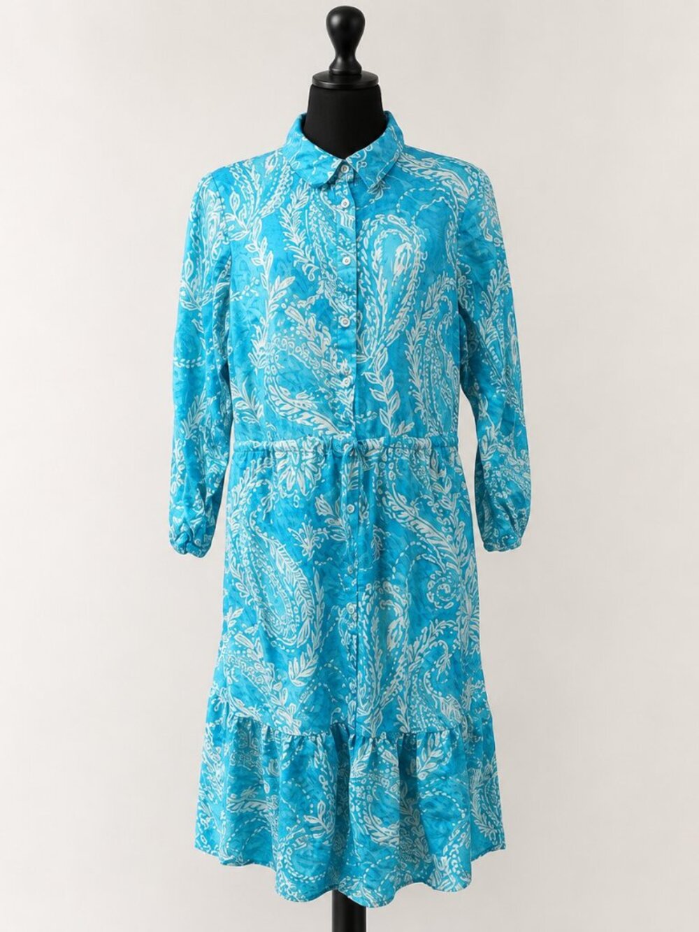 Talbots Linen Blend Midi Shirt Dress Brushed Paisley Blue White - Size 10